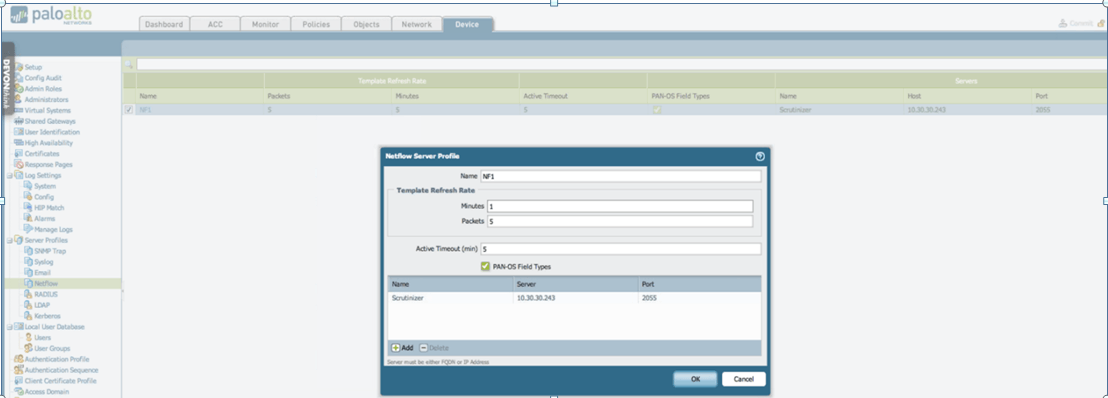 Define the NetFlow collector servers Palo Alto NetFlow Servers