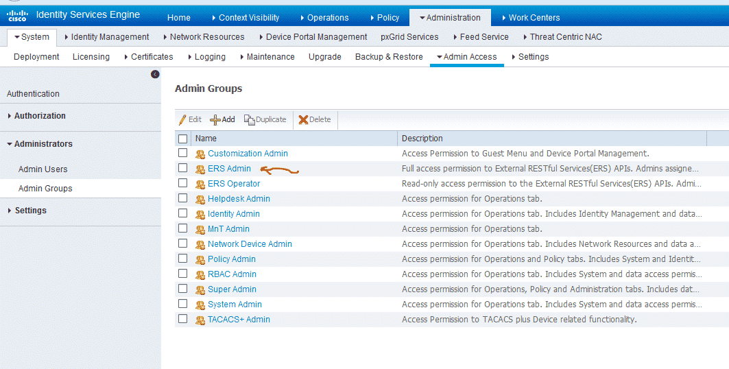 Cisco ISE - Enable ERS Admin in Admin Groups to access RestAPI