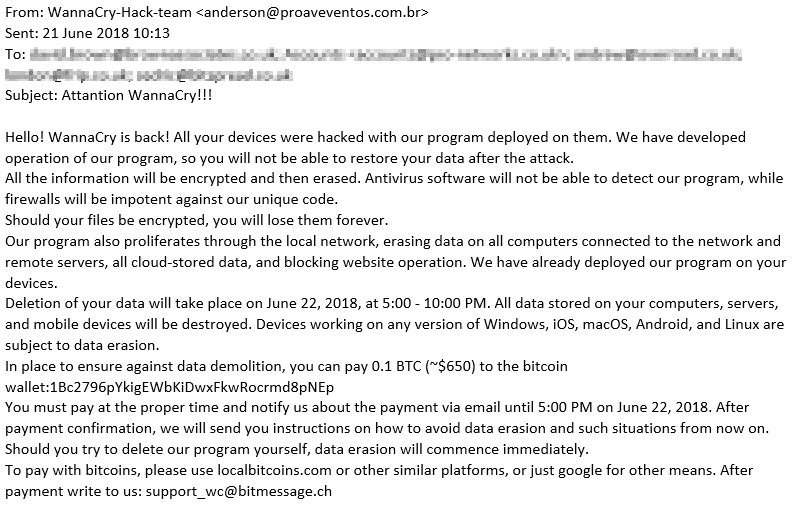 WannaCry phishing email