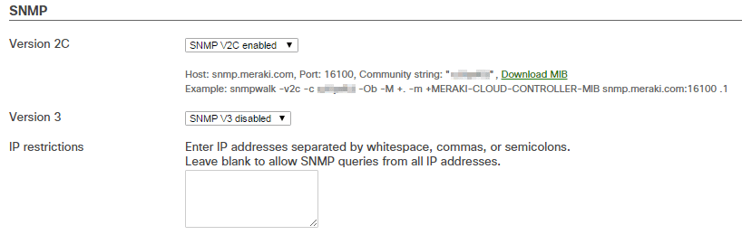 Meraki webui > SNMP