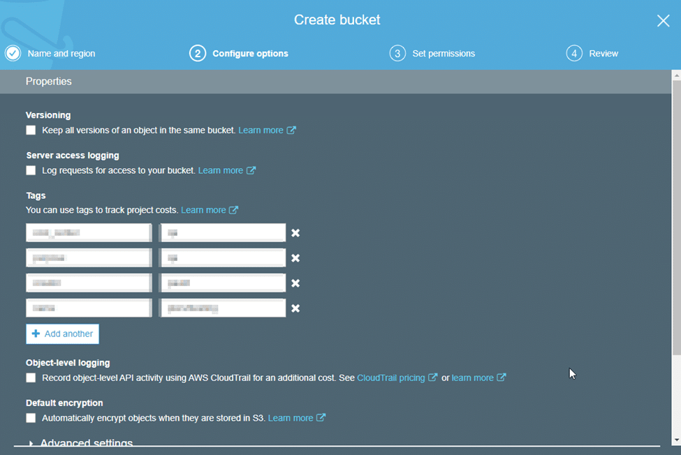 AWS: Configure preferred type of logging and add tags