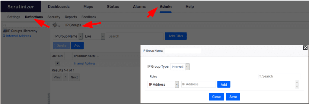 Admin>Definitions> IP Groups