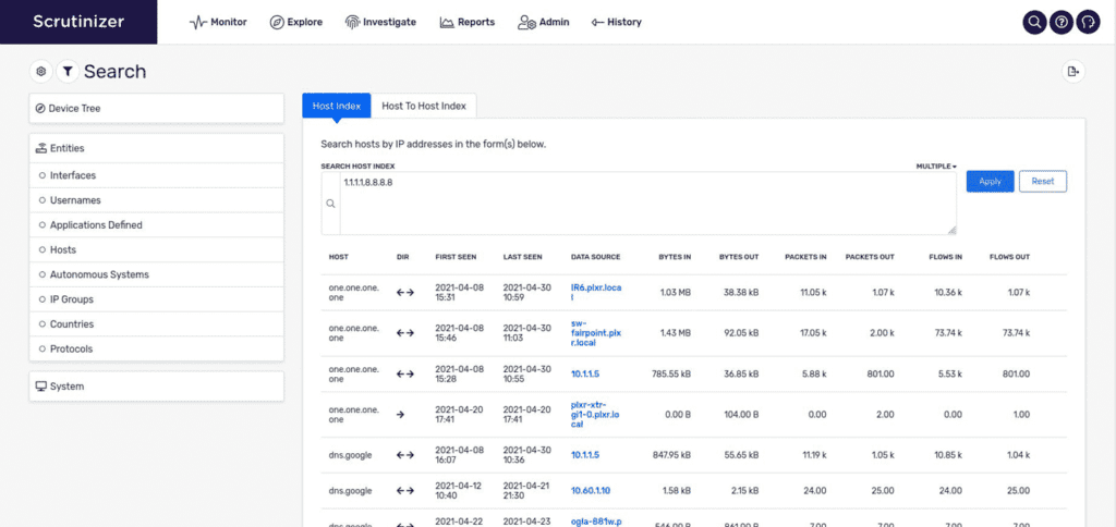 Plixer Scrutinizer host-to-host index search