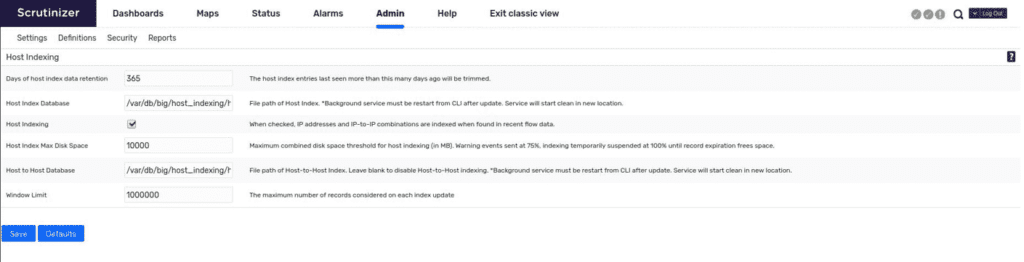 Plixer Scrutinizer host indexing settings