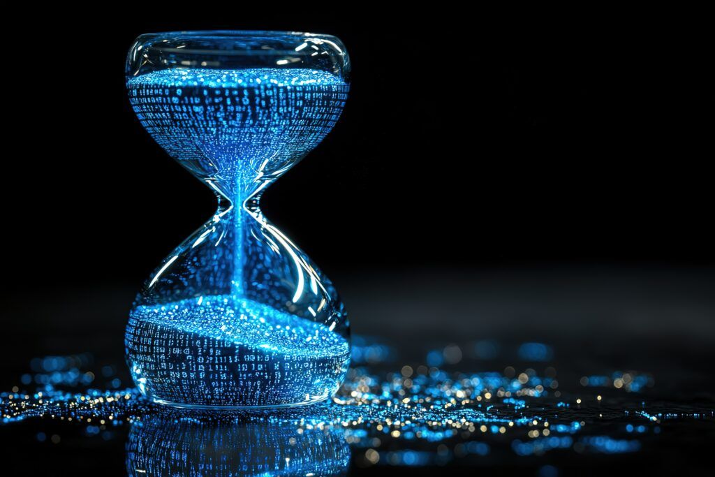 Digital hourglass with data falling, representing application performance metrics