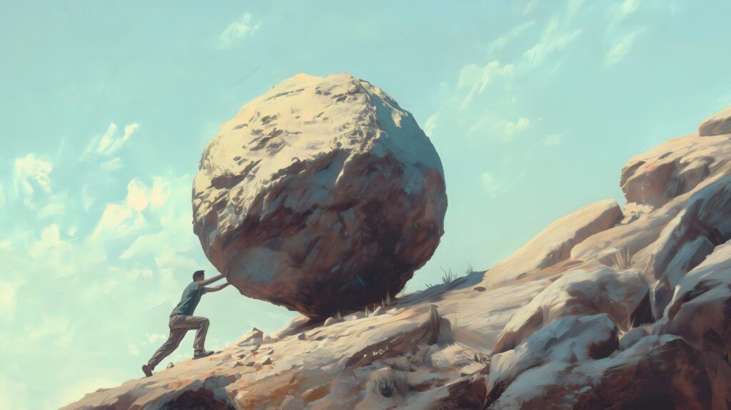 A man struggles to push a boulder uphill, representing the cost of an inflexible network.