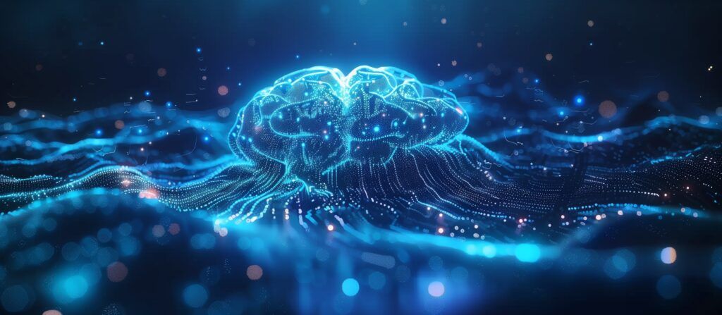Waves of digital information form the shape of a brain, representing AI for network security and monitoring
