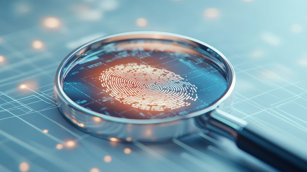A magnifying glass reveals a fingerprint on a digital surface, representing Indicators of Compromise