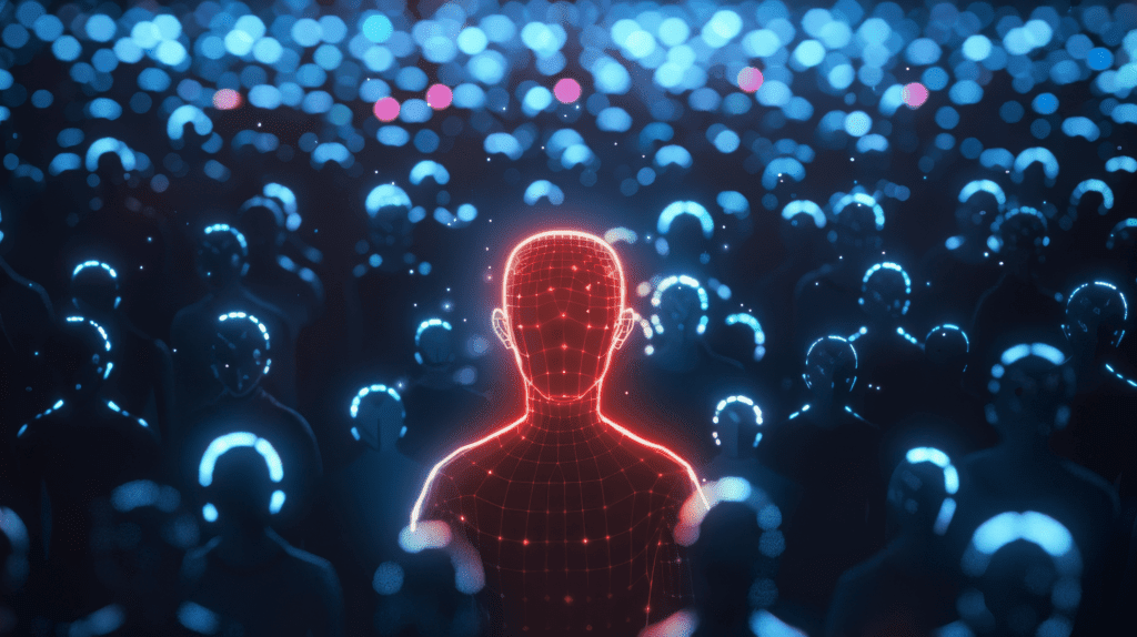 A crowd of figures in a blue digital space. One is highlighted red, representing insider threat detection