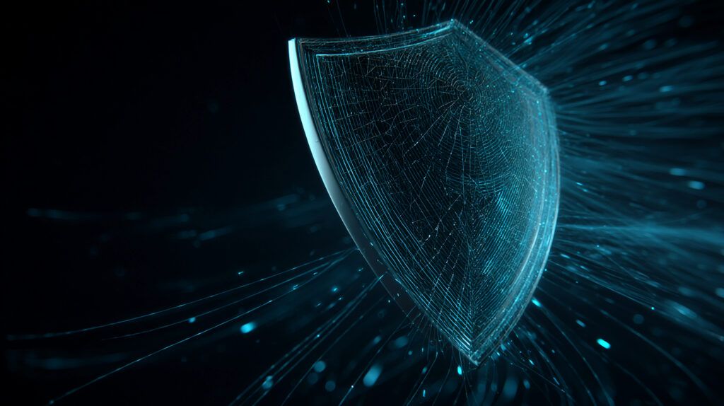 Digital shield with many hairline cracks, representing security debt