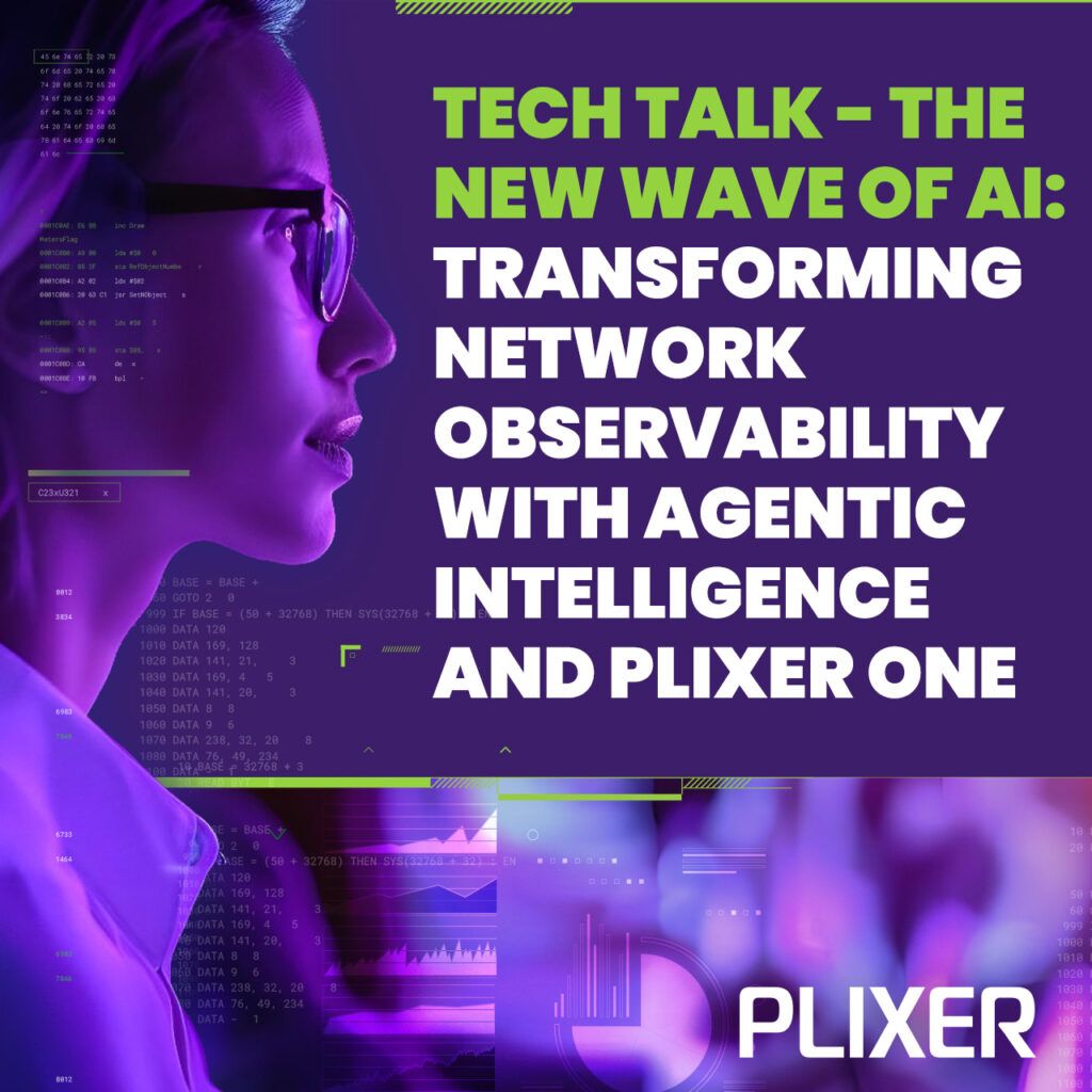 A promotional graphic for a tech talk titled "The New Wave of AI: Transforming Network Observability with Agentic Intelligence and Plixer One." The image features a stylized profile of a person wearing sunglasses, overlaid with futuristic digital data and network visuals in purple and green tones. The Plixer logo is prominently displayed at the bottom.