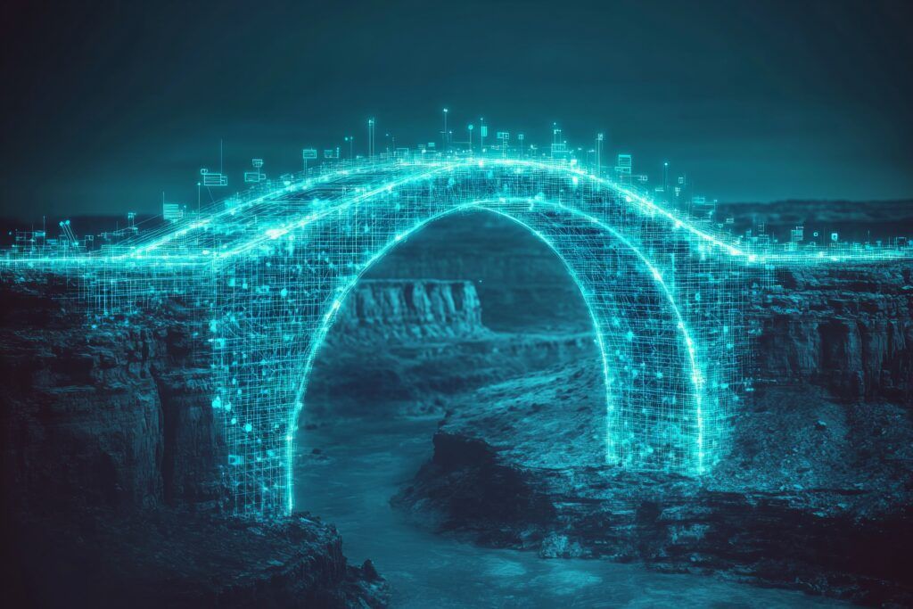A bridge made of digital data connects two sides of a ravine, representing the divide between NetOps and SecOps
