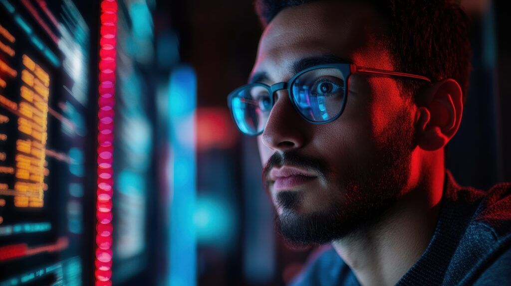 Focused IT professional analyzing real-time network observability data on multiple monitors in a dark, high-tech environment.