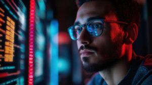 Focused IT professional analyzing real-time network observability data on multiple monitors in a dark, high-tech environment.