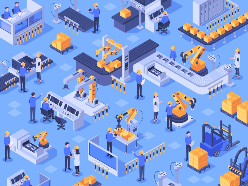 Isometric smart industrial factory, including automated production lines and engineer workers
