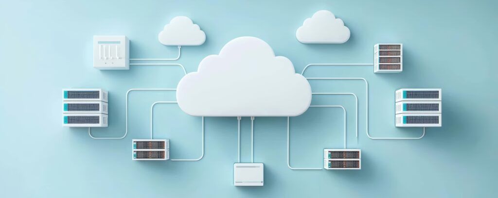 An image representing a hybrid cloud network, with cloud connected to on-prem data centers.
