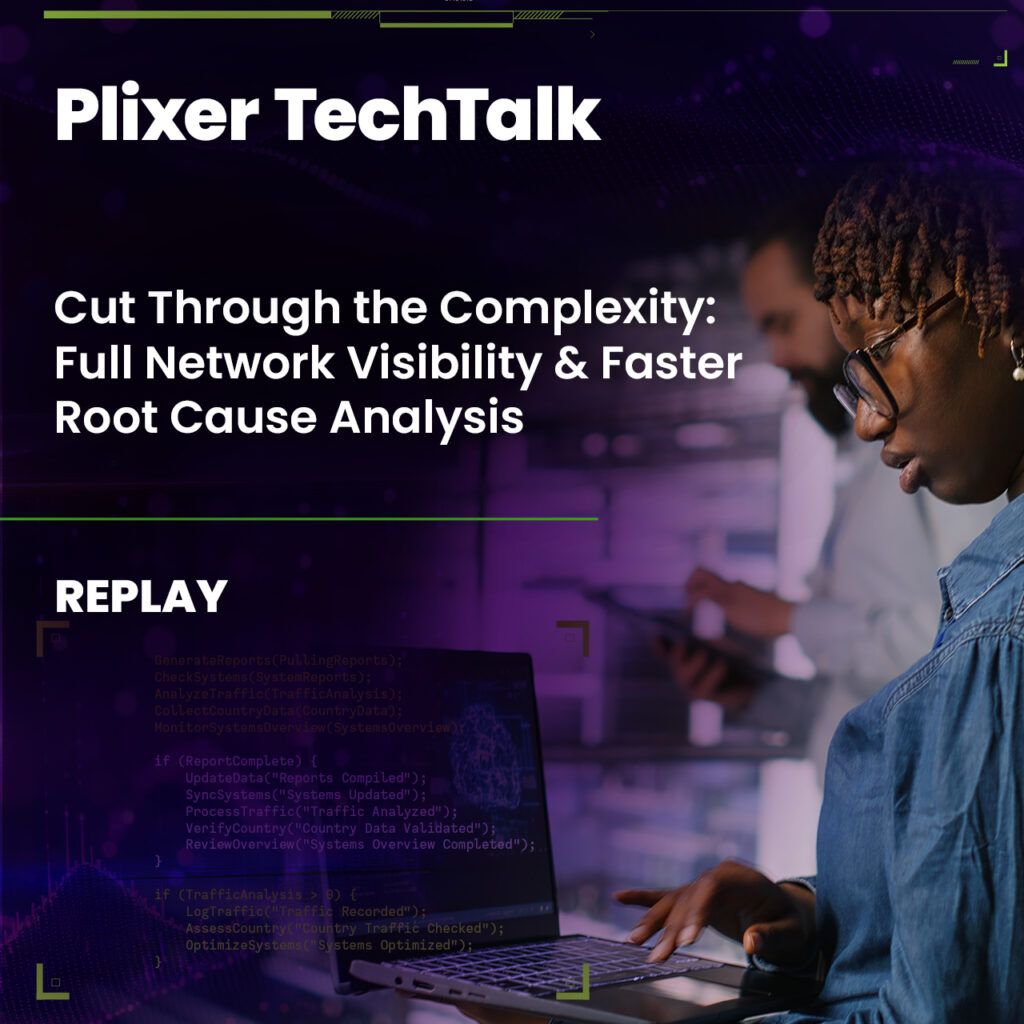A promotional image for a Plexir TechTalk webinar titled "Cut Through the Complexity: Full Network Visibility & Faster Root Cause Analysis." The image features a person working on a laptop with code displayed on the screen, set against a purple background with abstract tech elements. Another person is visible in the background, holding a tablet. The word "REPLAY" is prominently displayed in the bottom left corner.