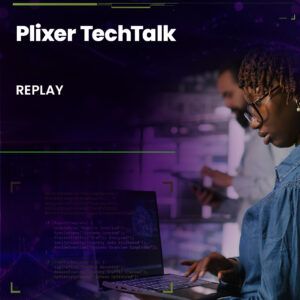 An image featuring the "Plixer TechTalk" logo and the text "Smarter Performance Monitoring for Complex Application Environments." It shows a person working on a laptop with code displayed, alongside another individual in the background, set against a purple and green gradient background with abstract design elements.