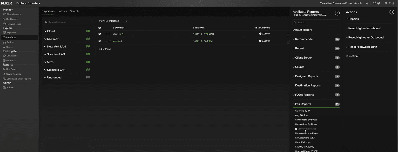 Filtering by WAN and selecting a Conversations App report in Plixer One