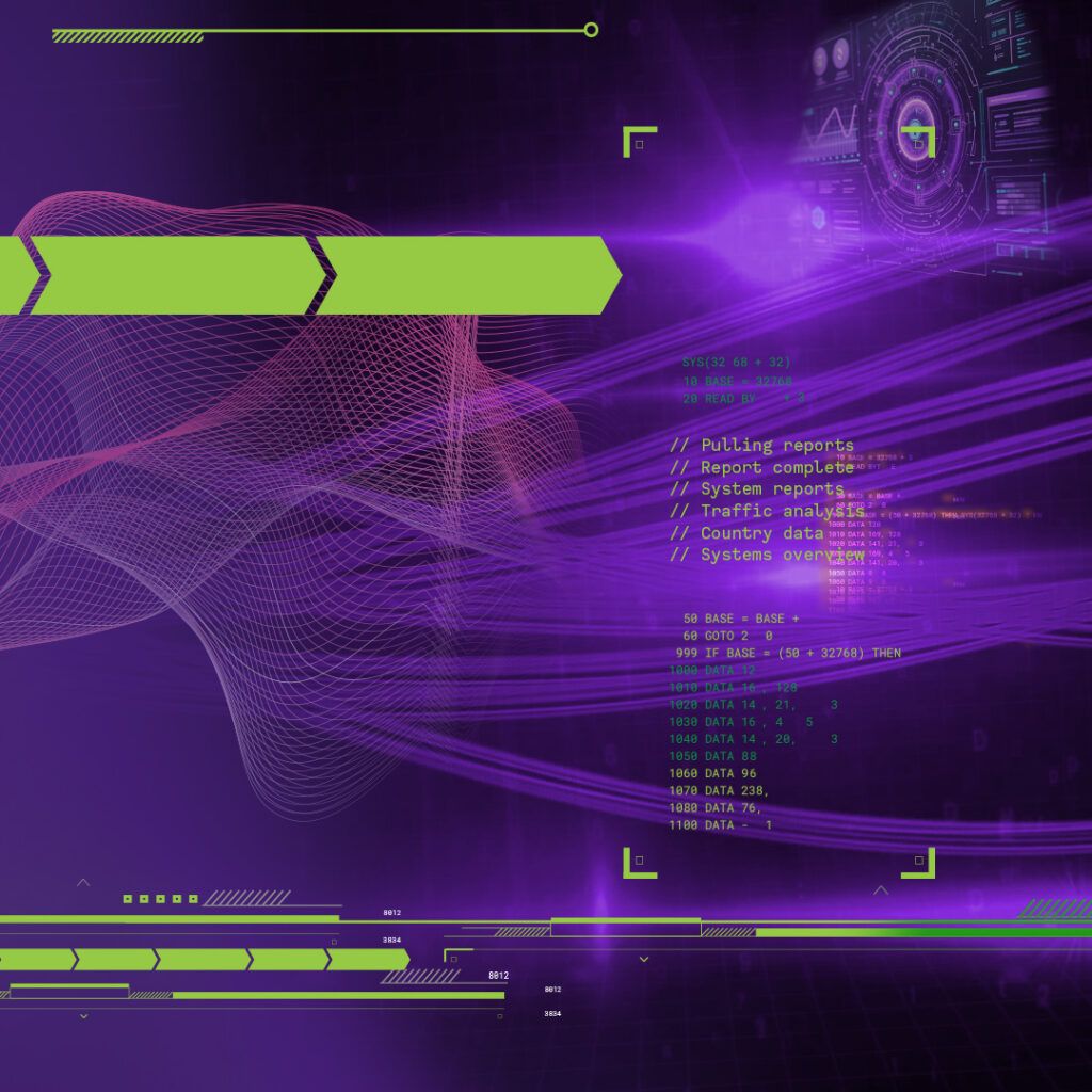 A futuristic cyberpunk digital dashboard in neon purple, green, and pink hues, featuring holographic graphs, streaming code snippets like BASIC commands (e.g., GOTO, IF BASE), and overlaid text for system reports, traffic analysis, country data, and systems overview.
