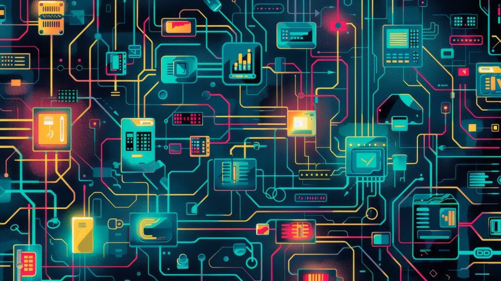 A complicated diagram of network cables and connecting devices, representing device discovery in a complex network