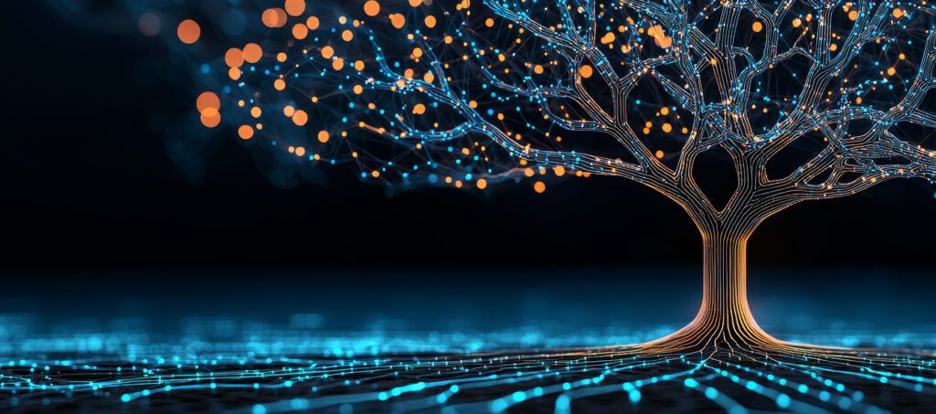 A tree growing in a digital environment, representing network growth and the need for smart capacity planning