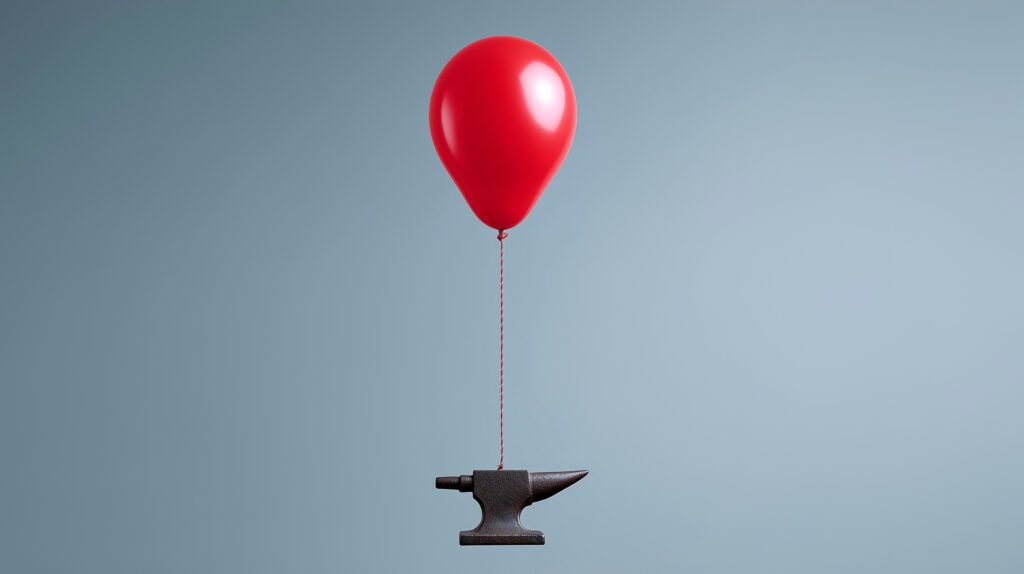 A red helium balloon attached to a heavy, rising anvil, representing the challenge of distributed workload visibility