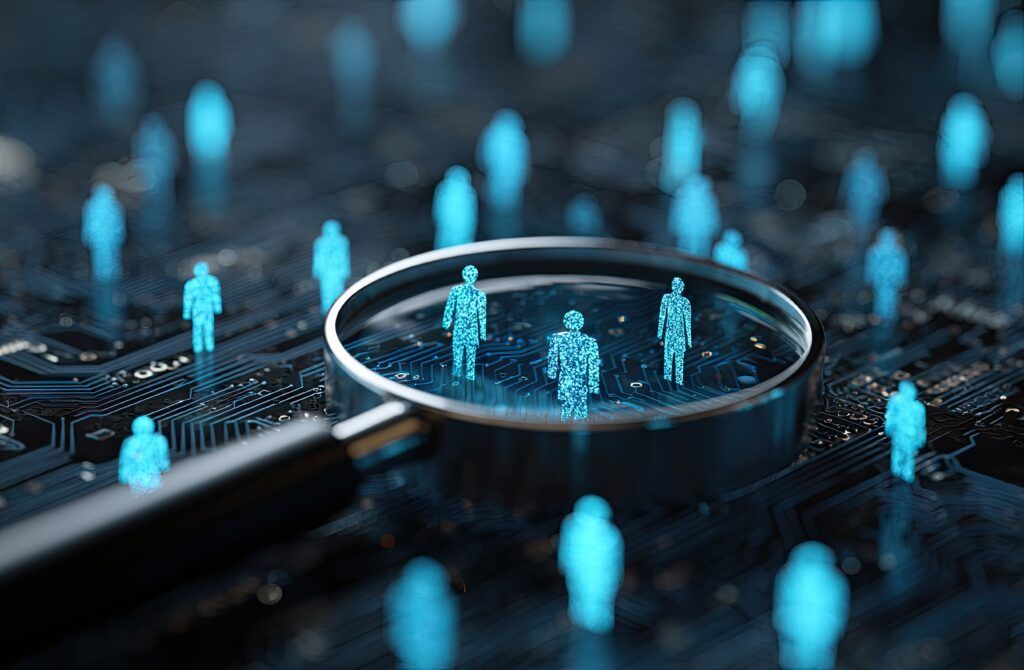 Digital imprints of users in a network environment. A magnifying glass highlights several of them, representing behavioral analytics
