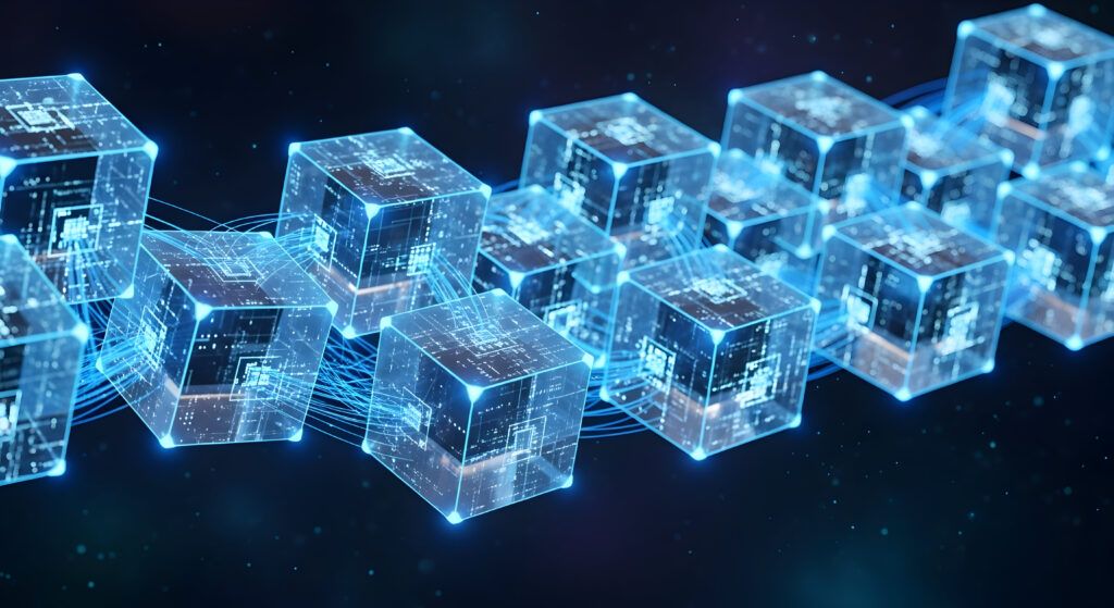 Pathways link blocks in a digital environment, representing network metadata