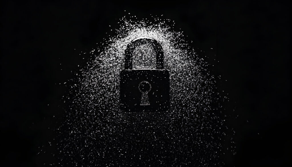 A padlock silhouetted against a dark background, surrounded by a spray of white particles, representing password spraying detection.