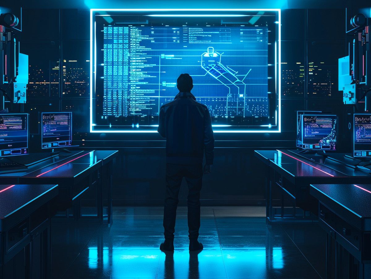 Cyber security experts working with tech devices and neon lights